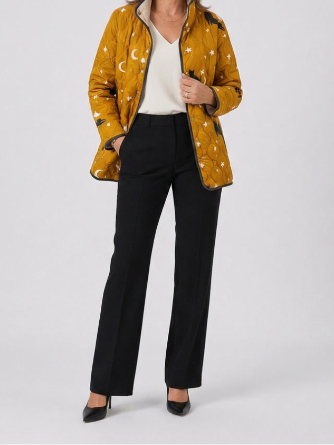 Eira | Women's Quilted Jacket, Black Cat Print