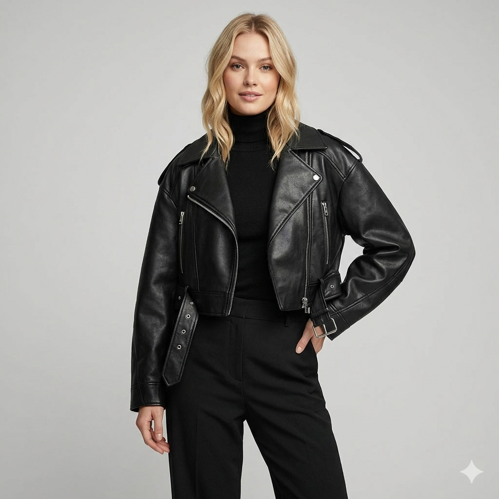Elise | Women's Cropped Moto Leather Jacket, Biker Jacket