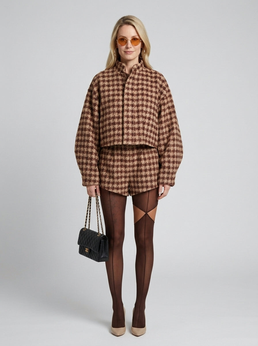 Faye | Women's Two-Piece Set, Vintage Houndstooth Zip Jacket and Shorts