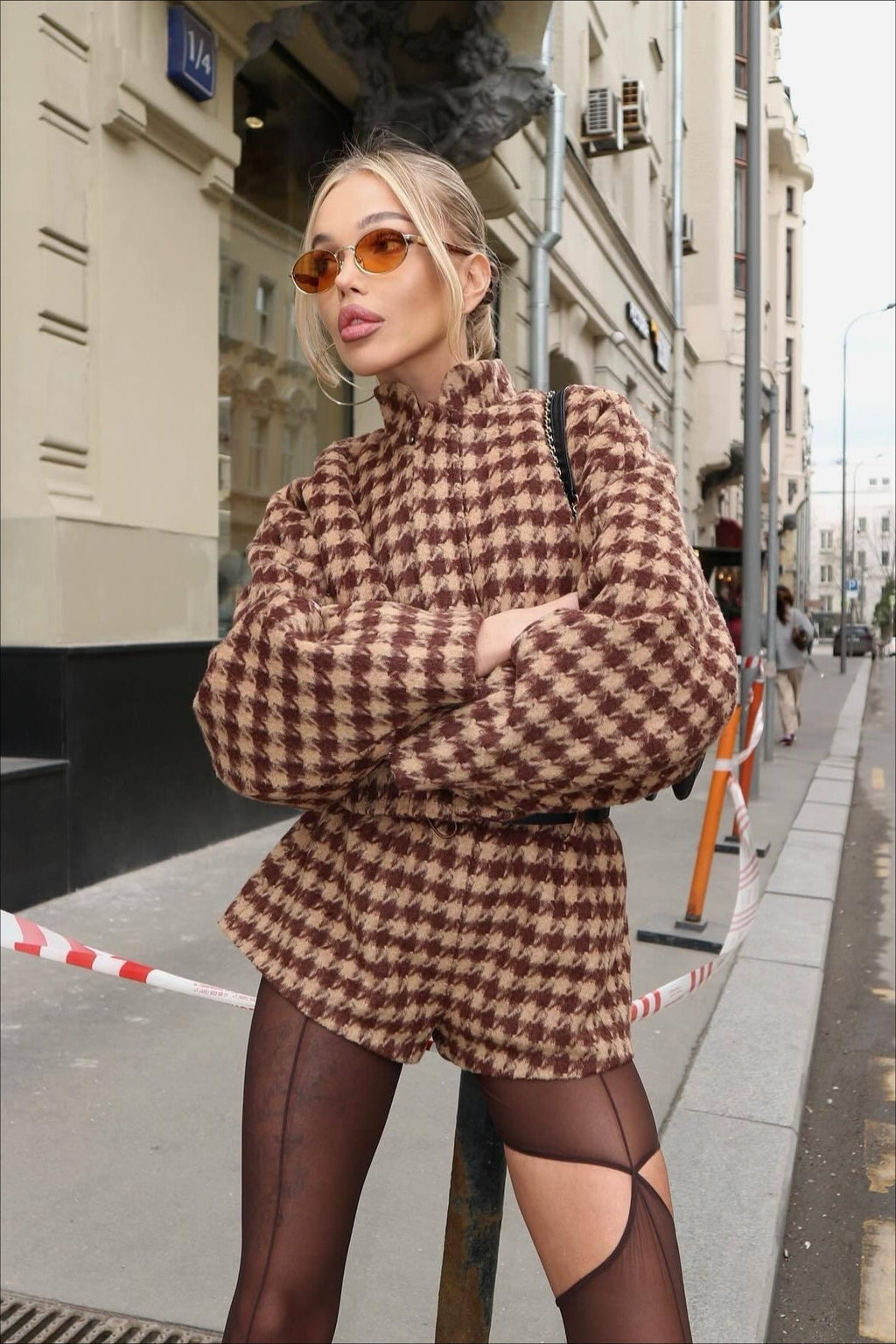 Faye | Women's Two-Piece Set, Vintage Houndstooth Zip Jacket and Shorts