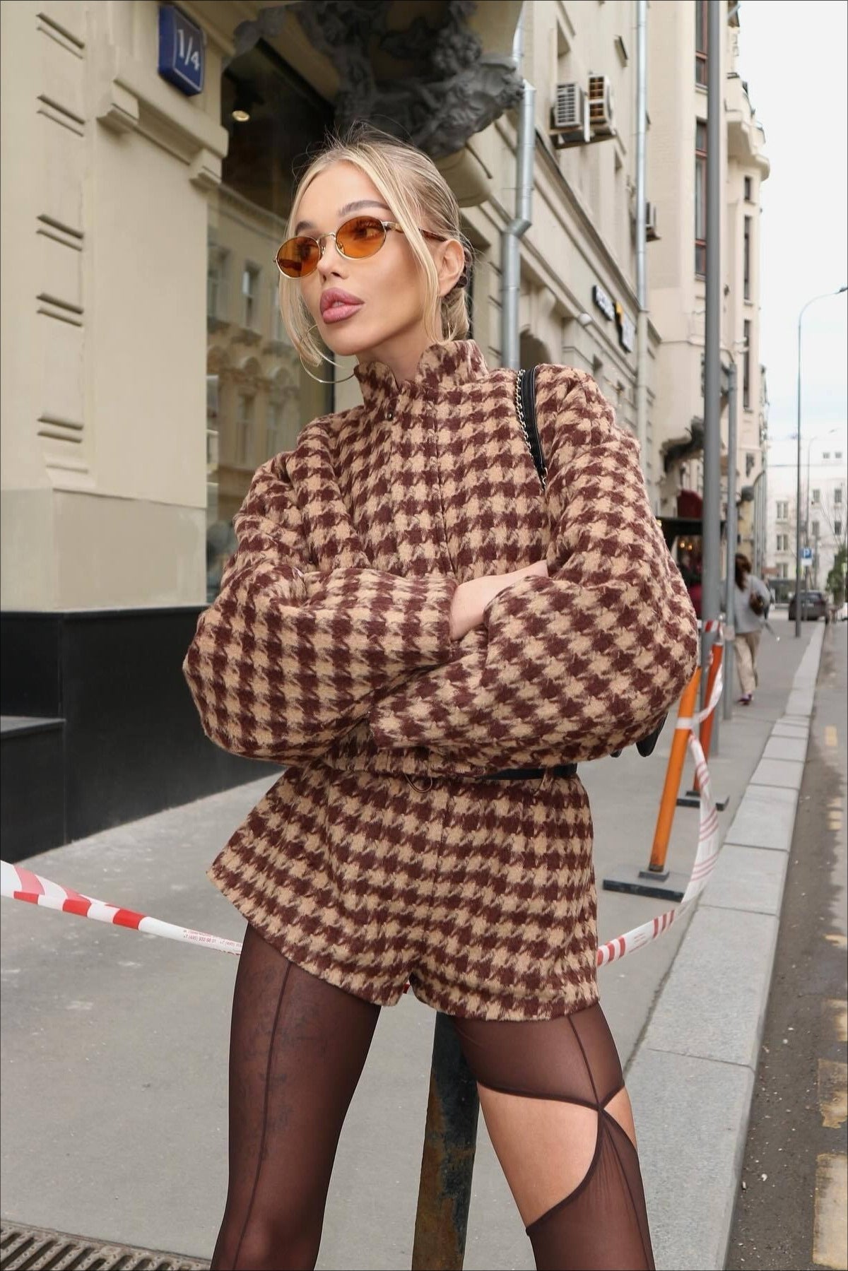 Faye | Women's Two-Piece Set, Vintage Houndstooth Zip Jacket and Shorts