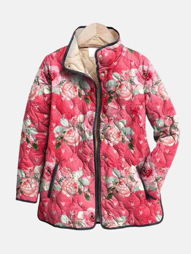 Fern | Women's Quilted Jacket, Pink Floral Print