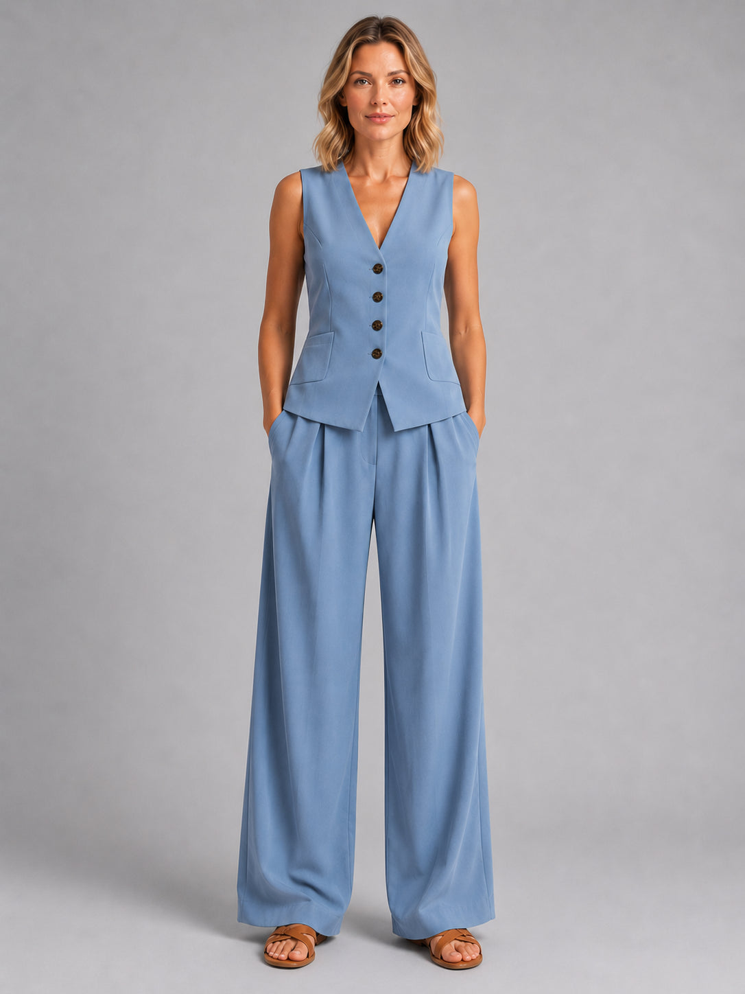 Livia | Women's Sleeveless Waistcoat Two-Piece Set, Wide-Leg Co-Ord