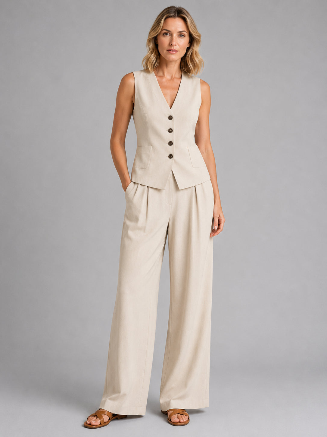 Livia | Women's Sleeveless Waistcoat Two-Piece Set, Wide-Leg Co-Ord