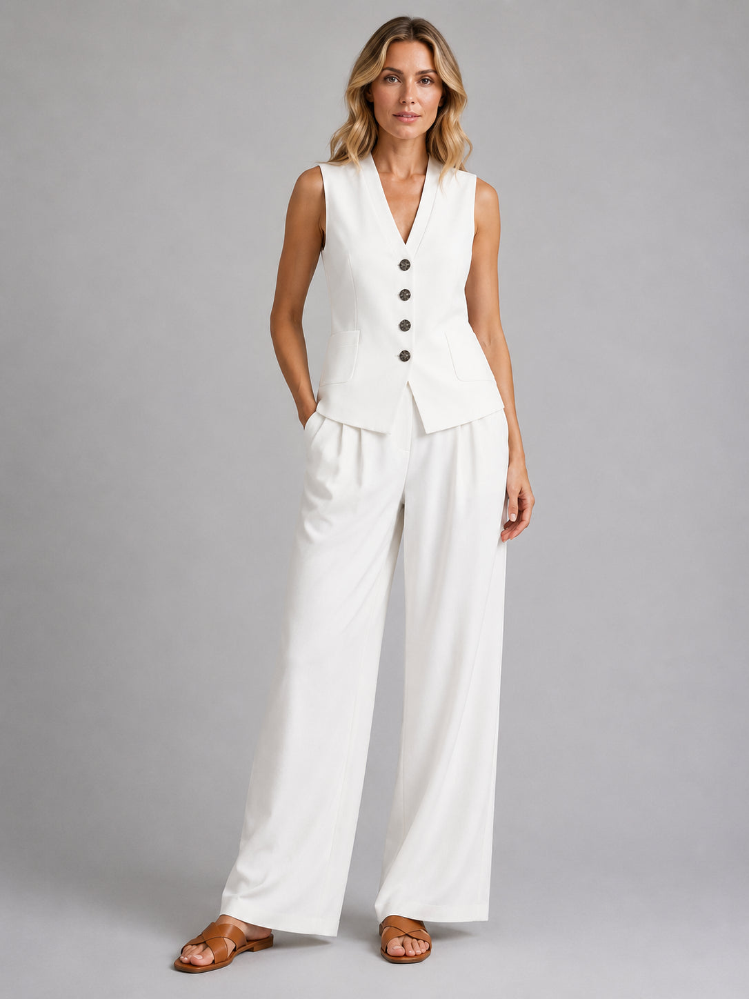 Livia | Women's Sleeveless Waistcoat Two-Piece Set, Wide-Leg Co-Ord