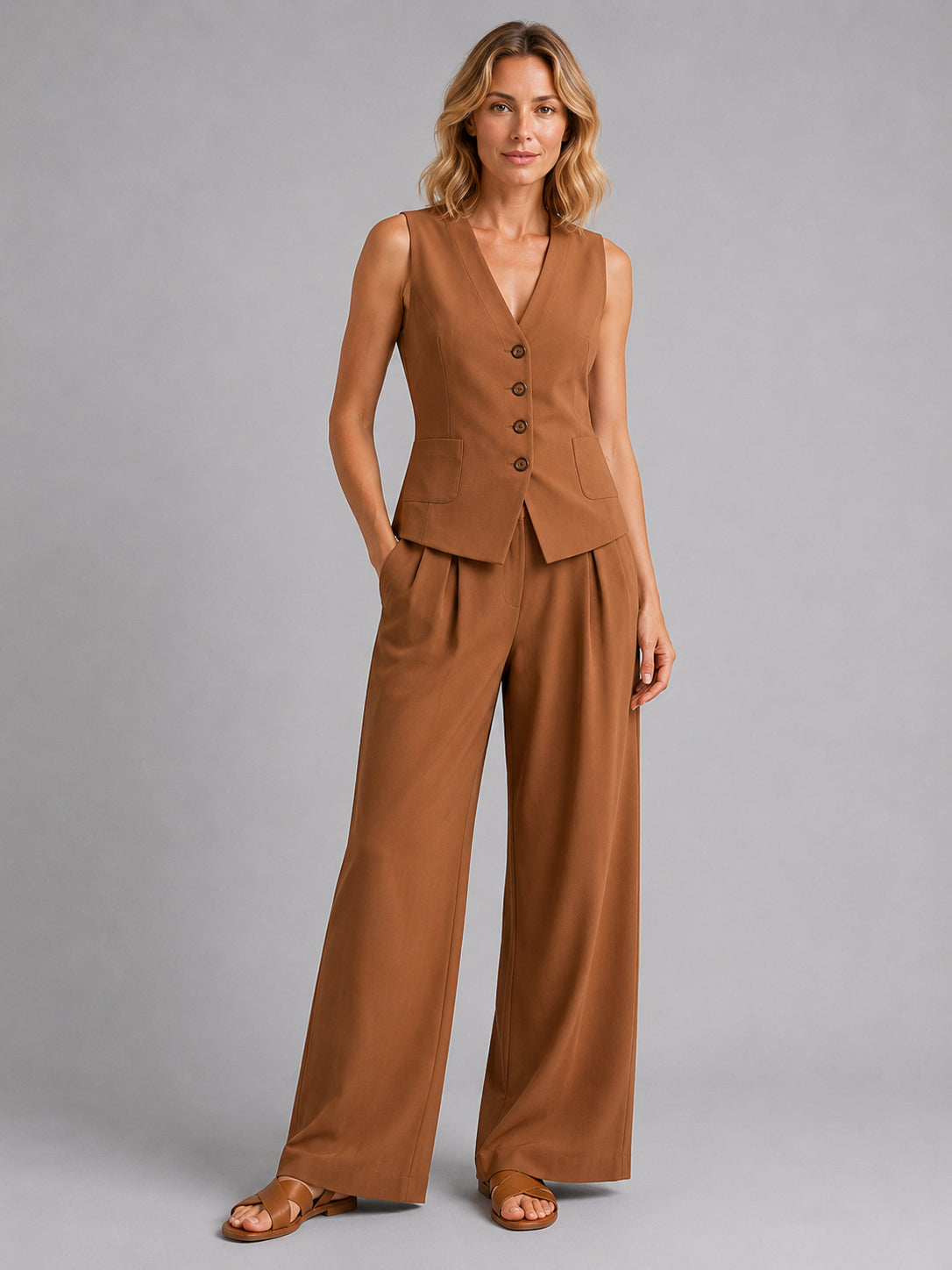Livia | Women's Sleeveless Waistcoat Two-Piece Set, Wide-Leg Co-Ord