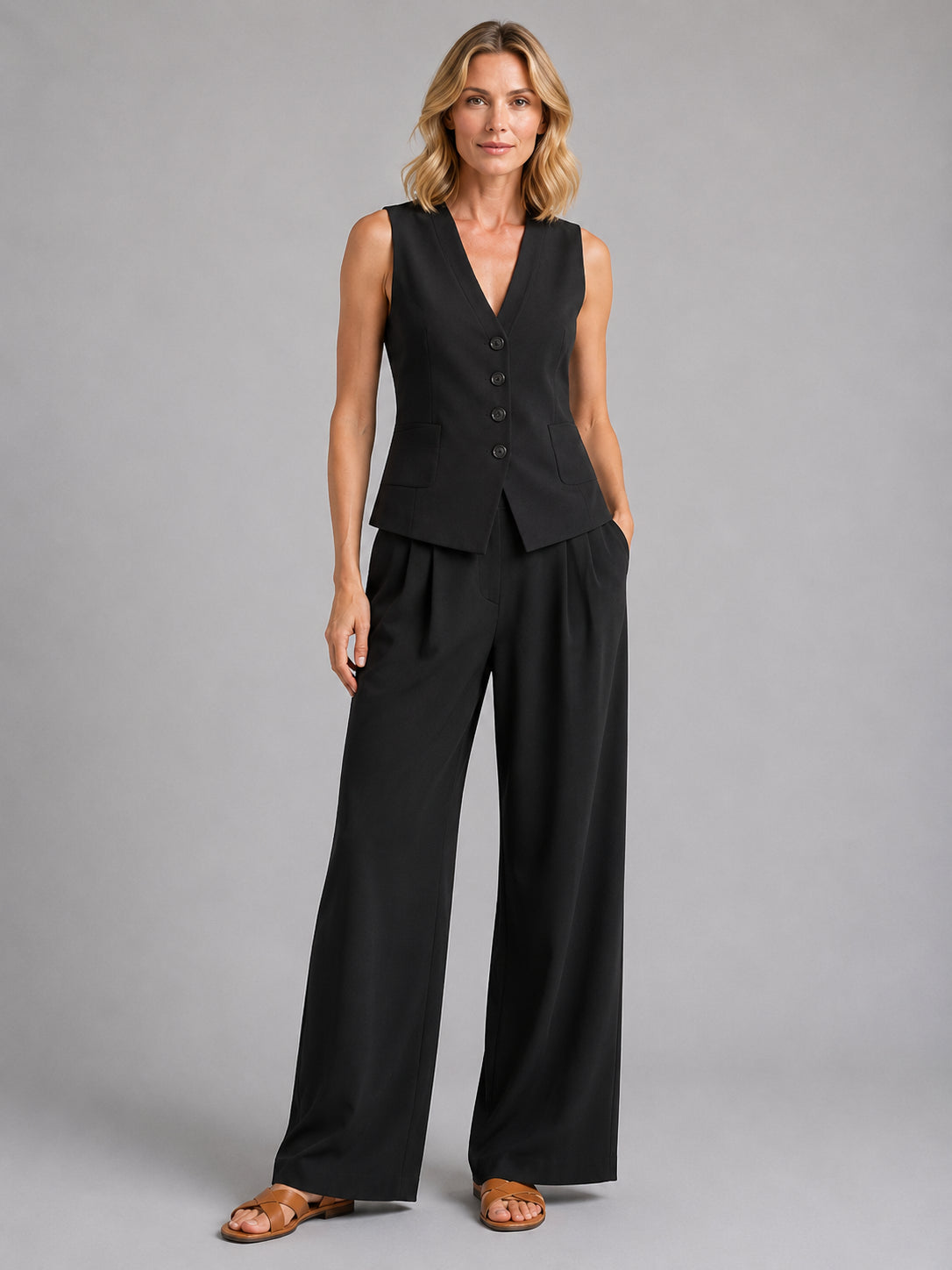 Livia | Women's Sleeveless Waistcoat Two-Piece Set, Wide-Leg Co-Ord