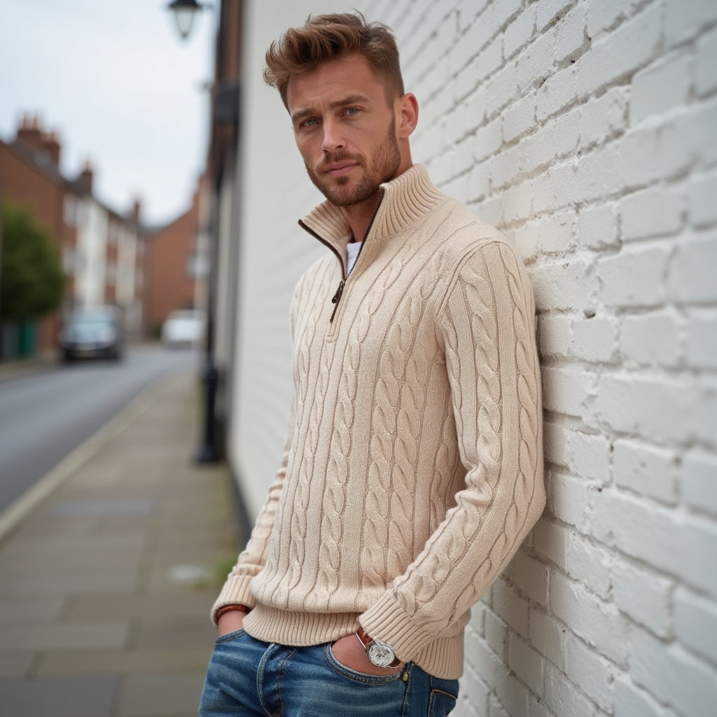 Theo | Men's Cable Knit Sweater, Half-Zip Layering Knit