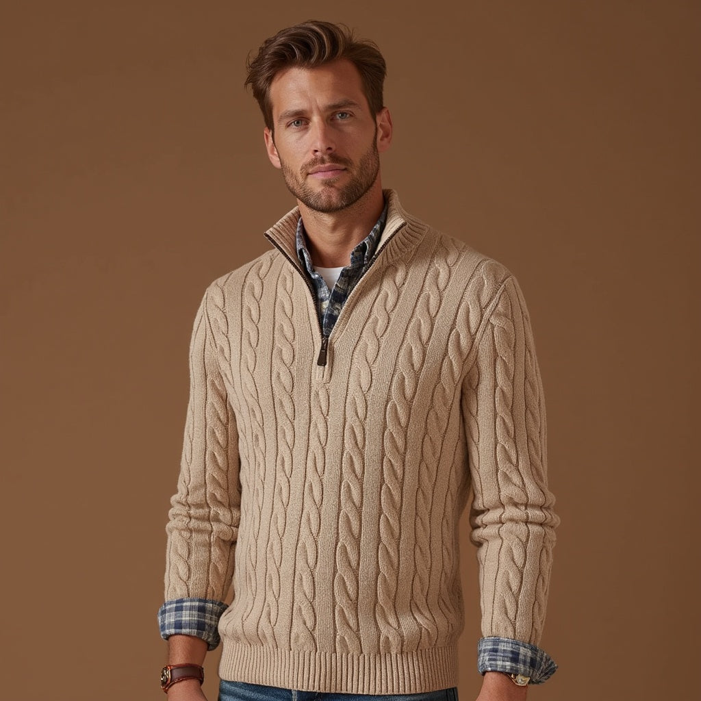Theo | Men's Cable Knit Sweater, Half-Zip Layering Knit