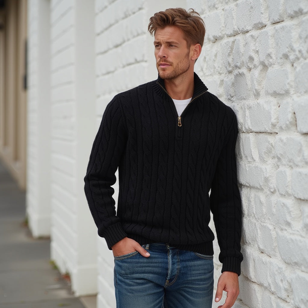 Theo | Men's Cable Knit Sweater, Half-Zip Layering Knit