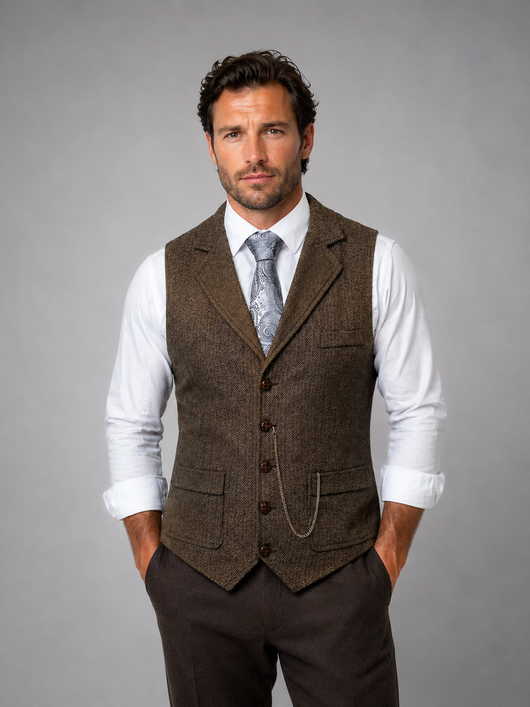Thaddeus | Men's Tailored Herringbone Waistcoat, Vintage Smart-Casual Style