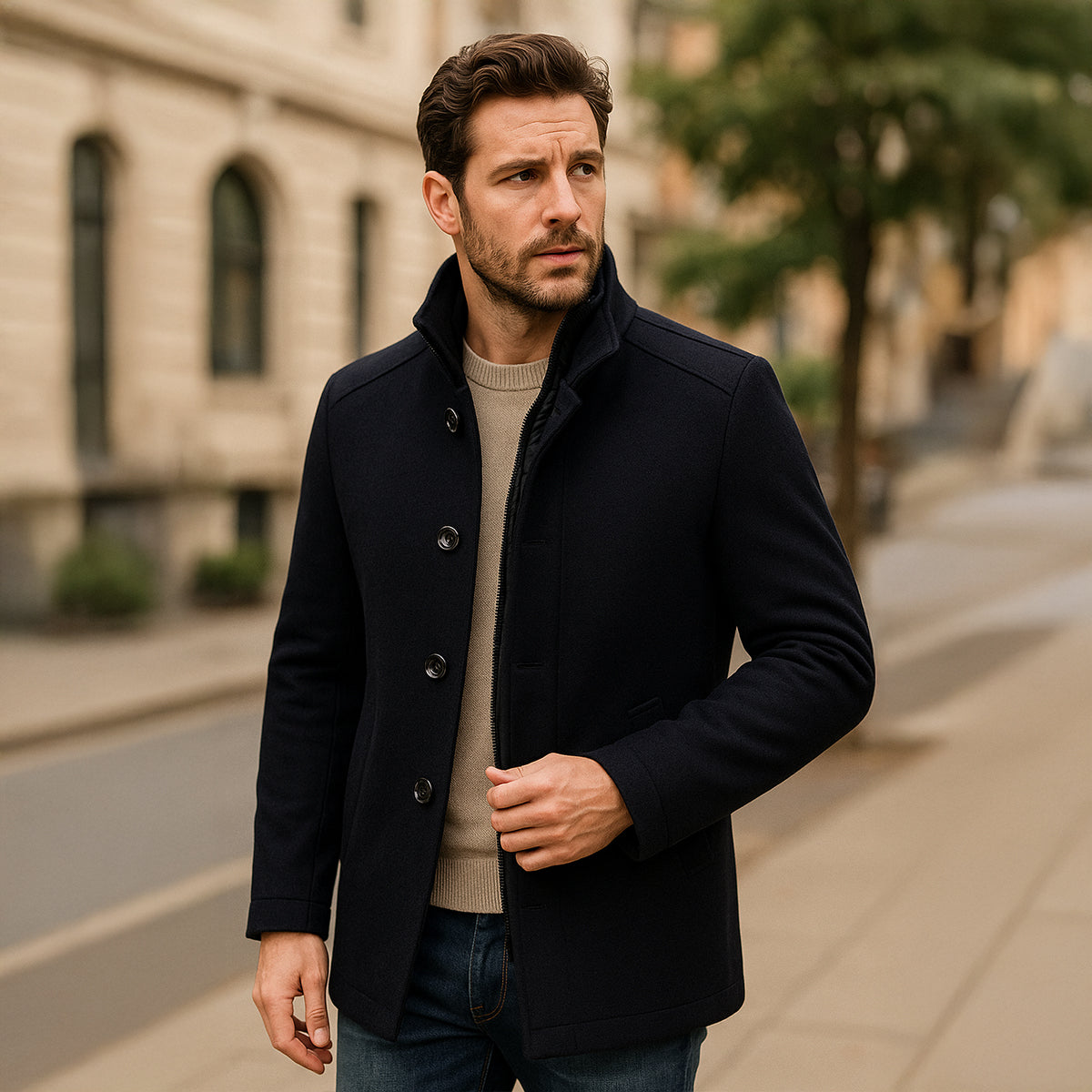 Percival | Men's Wool-Blend Trench Coat, Double-Breasted Outerwear