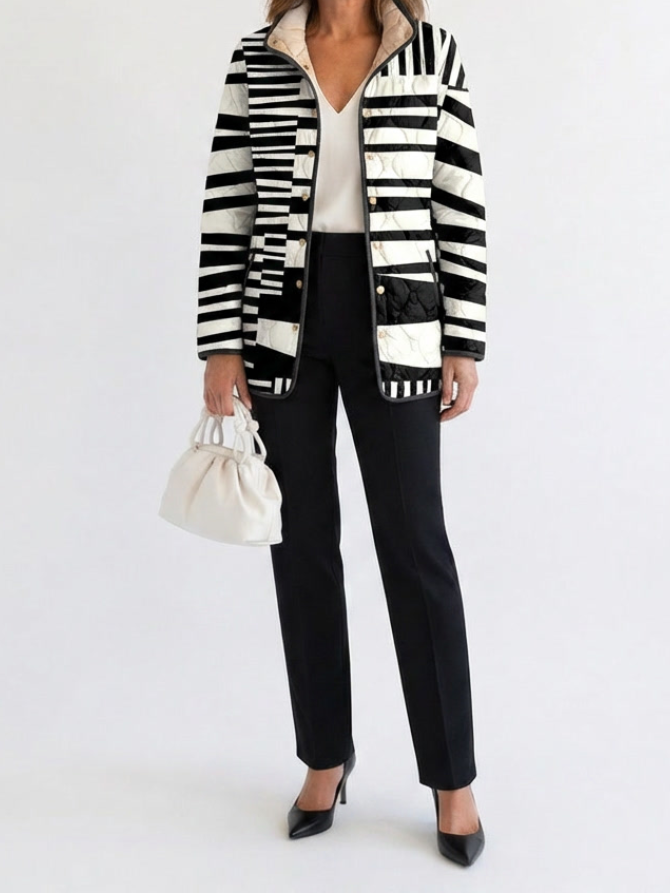 Miren | Women's Quilted Jacket, Black and White Abstract Print