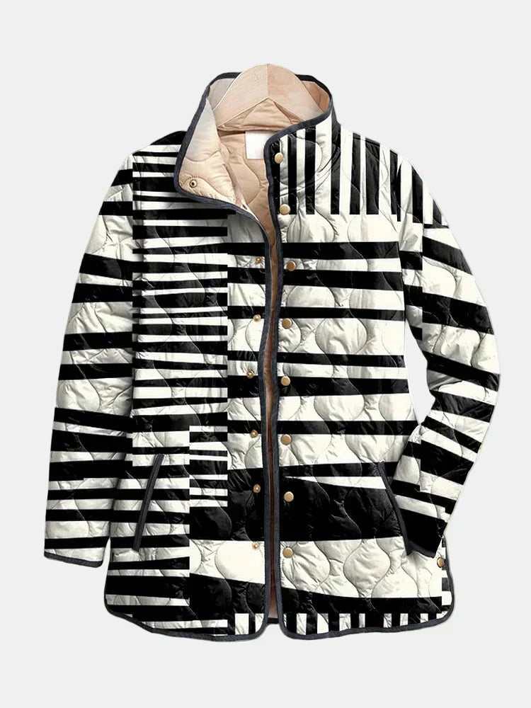 Miren | Women's Quilted Jacket, Black and White Abstract Print
