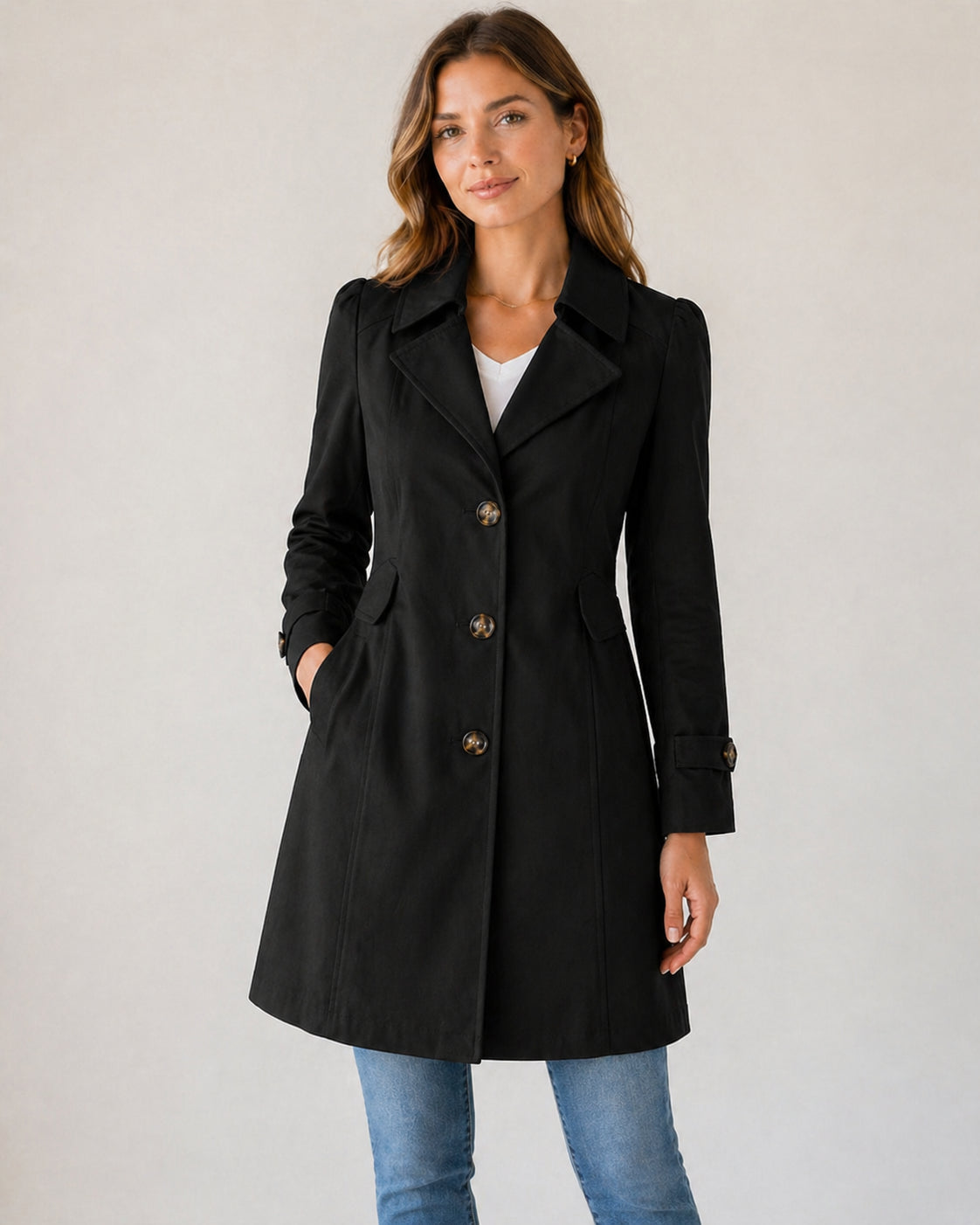Rosalie | Women's Tailored Short Trench Coat, Buttoned Coat
