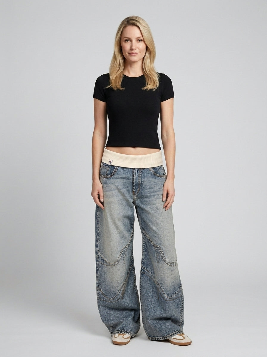Nova | Women's Baggy Wide-Leg Jeans, Ribbed Waistband Urban Pants