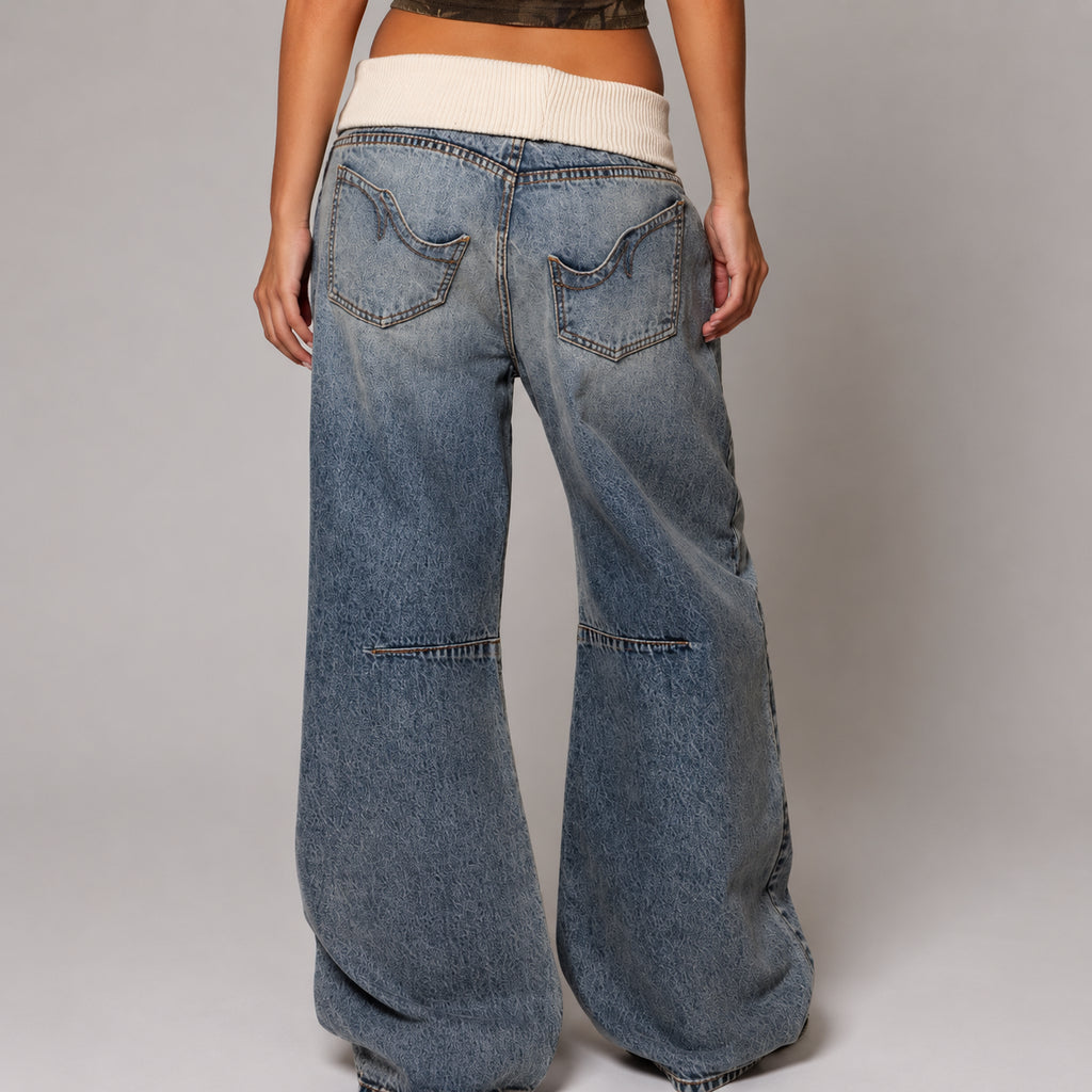 Nova | Women's Baggy Wide-Leg Jeans, Ribbed Waistband Urban Pants