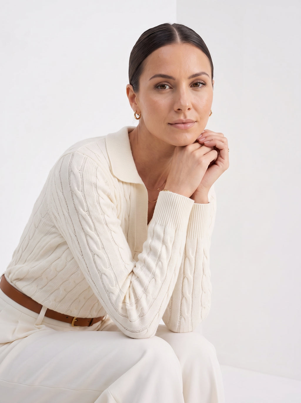 Coralie | Women's Cable Knit Sweater, Round-Neck Layering Piece