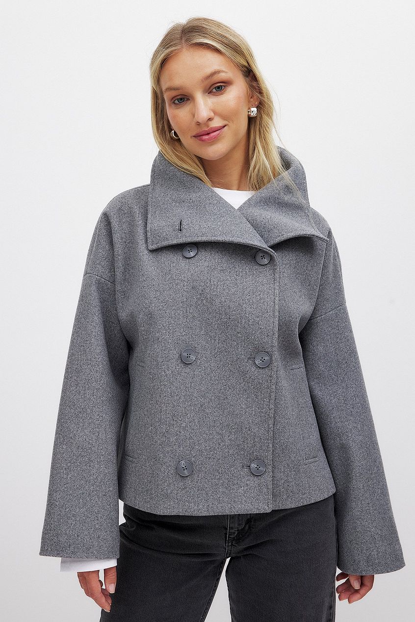 Clara | Women's Cropped Peacoat, Double Breasted Wool Blend Stand Collar Jacket