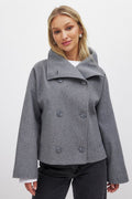 Clara | Women's Cropped Peacoat, Double Breasted Wool Blend Stand Collar Jacket