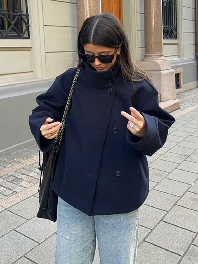 Clara | Women's Cropped Peacoat, Double Breasted Wool Blend Stand Collar Jacket
