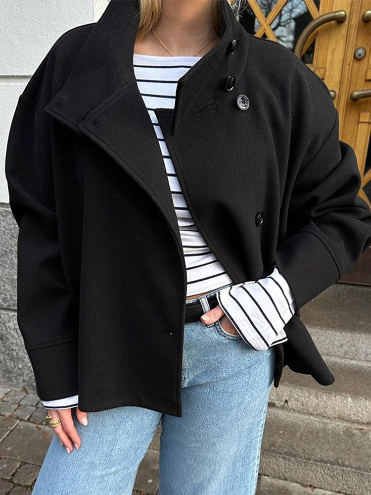 Clara | Women's Cropped Peacoat, Double Breasted Wool Blend Stand Collar Jacket