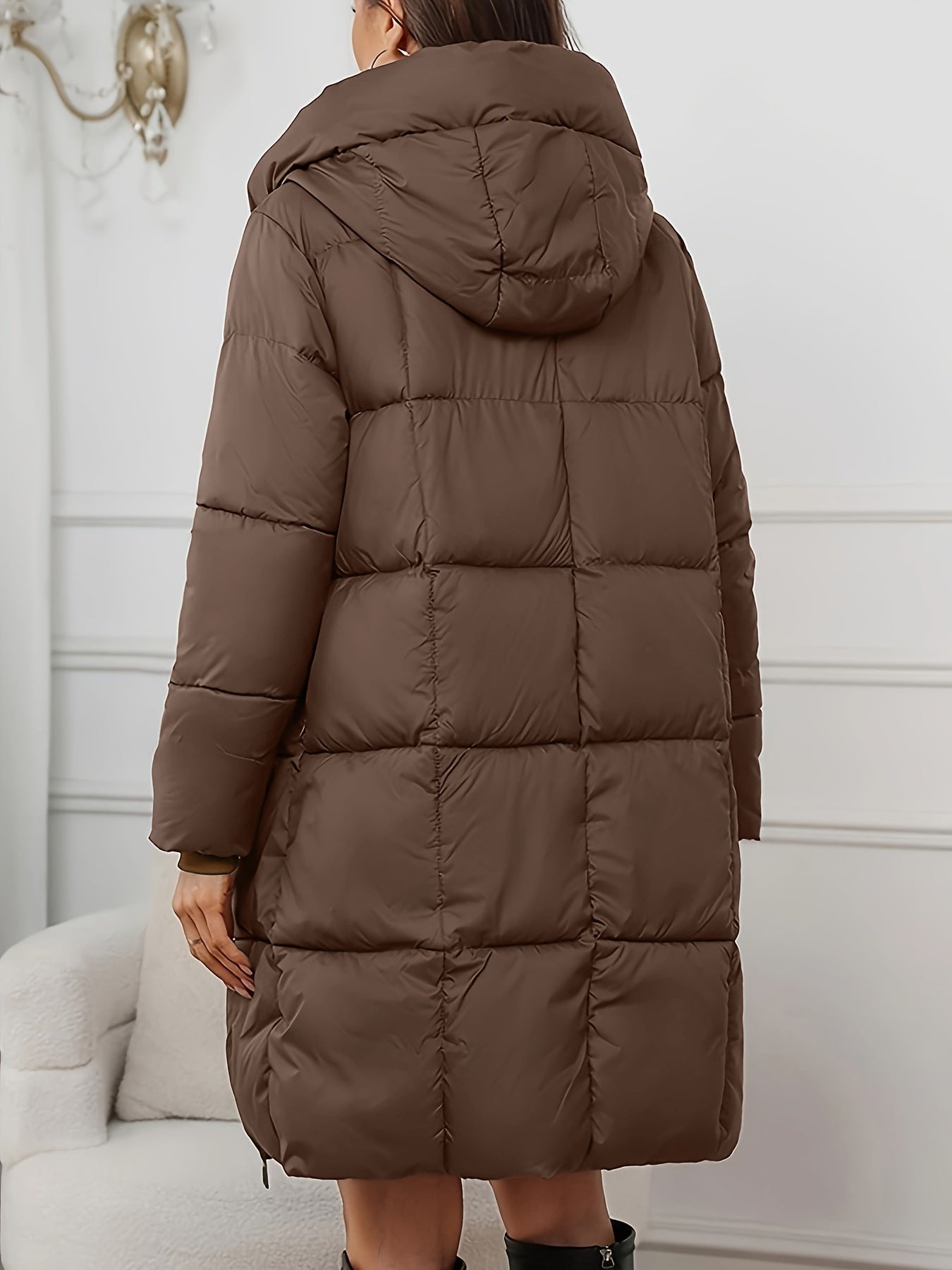 Hazel | Women's Hooded Puffer Coat, Longline Grid Water Repellent Quilted Travel Parka