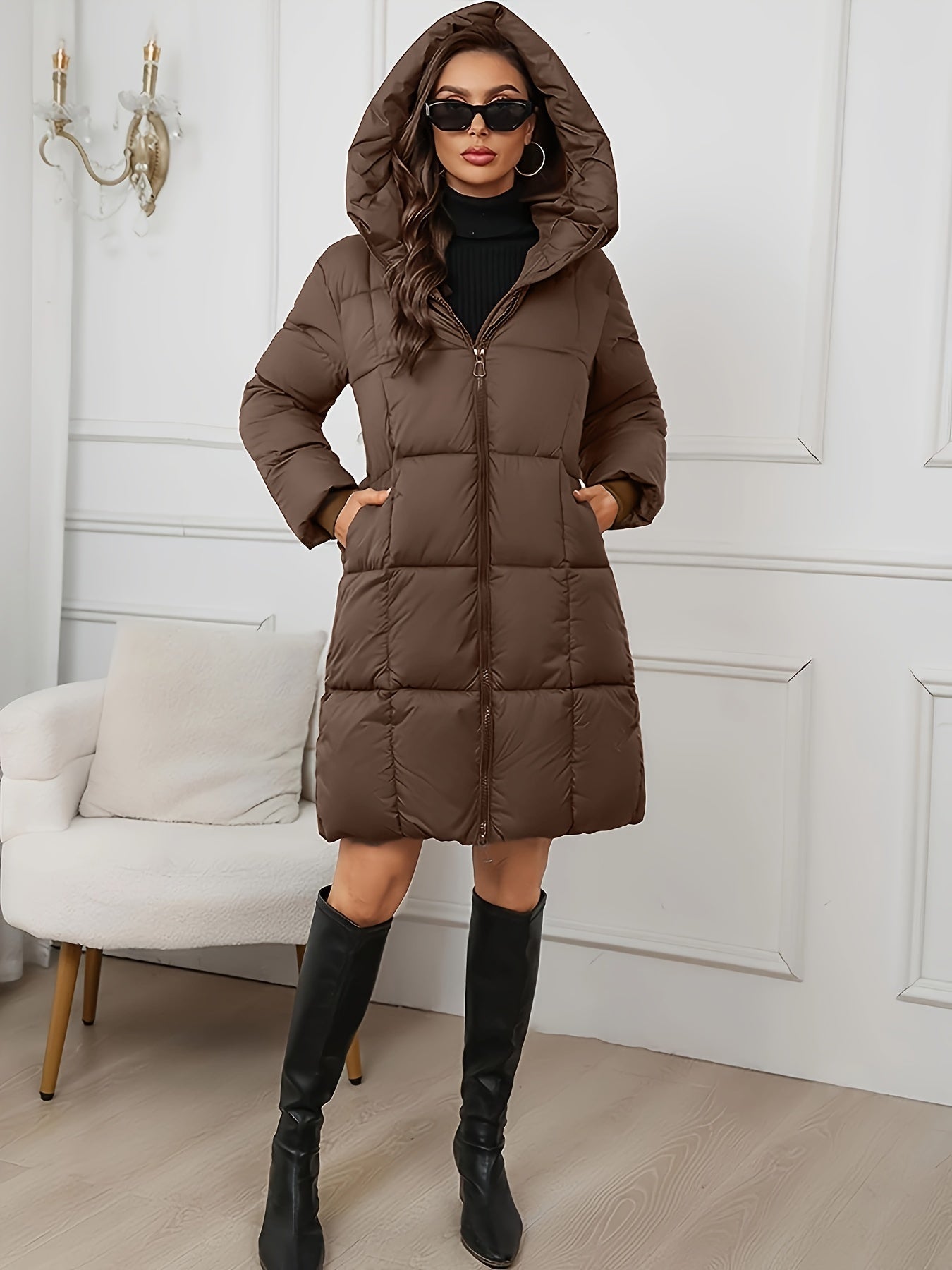 Hazel | Women's Hooded Puffer Coat, Longline Grid Water Repellent Quilted Travel Parka