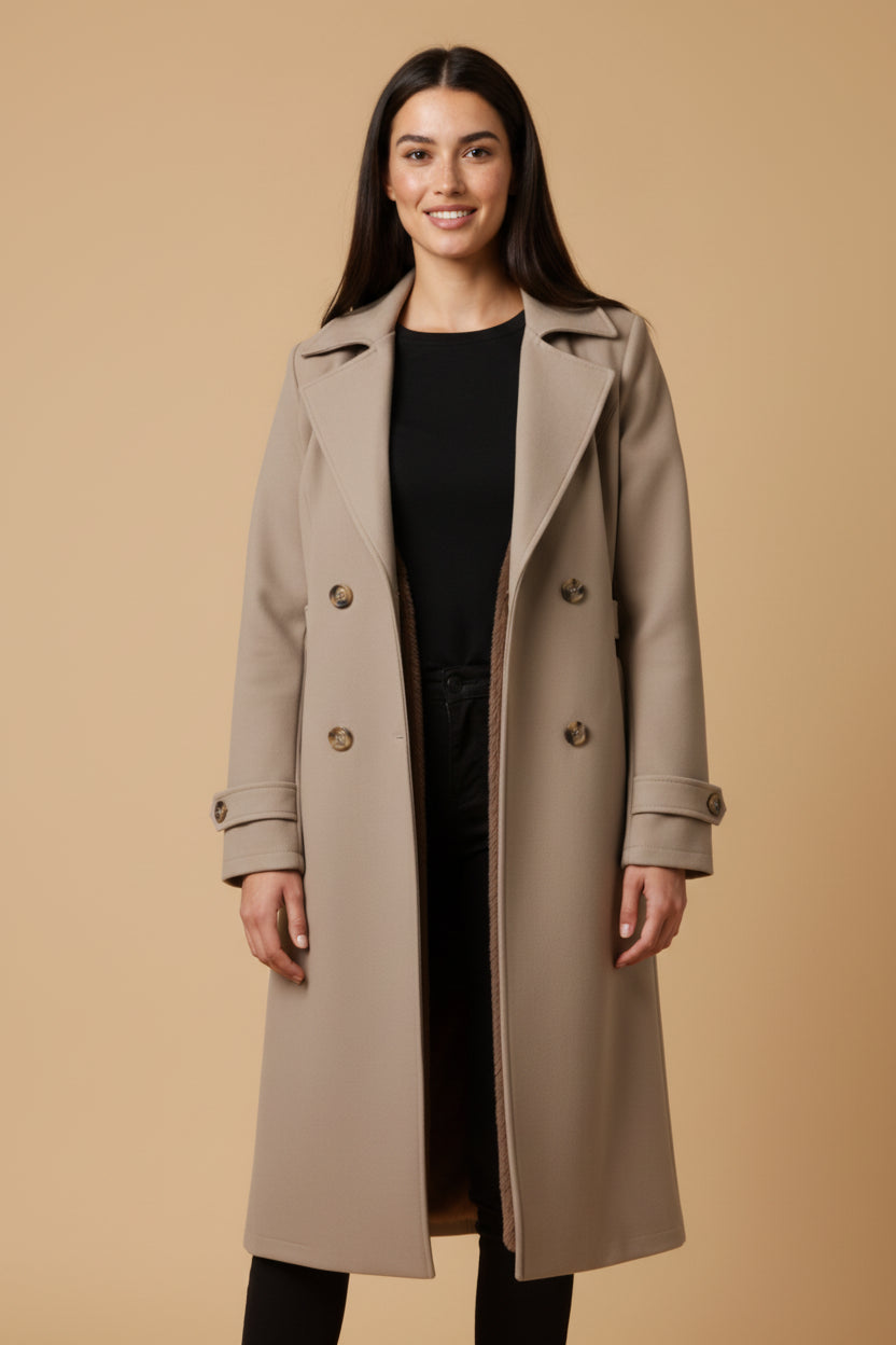 Genevieve | Women's Long Trench Coat, Double Breasted Plush Lined Tailored Overcoat