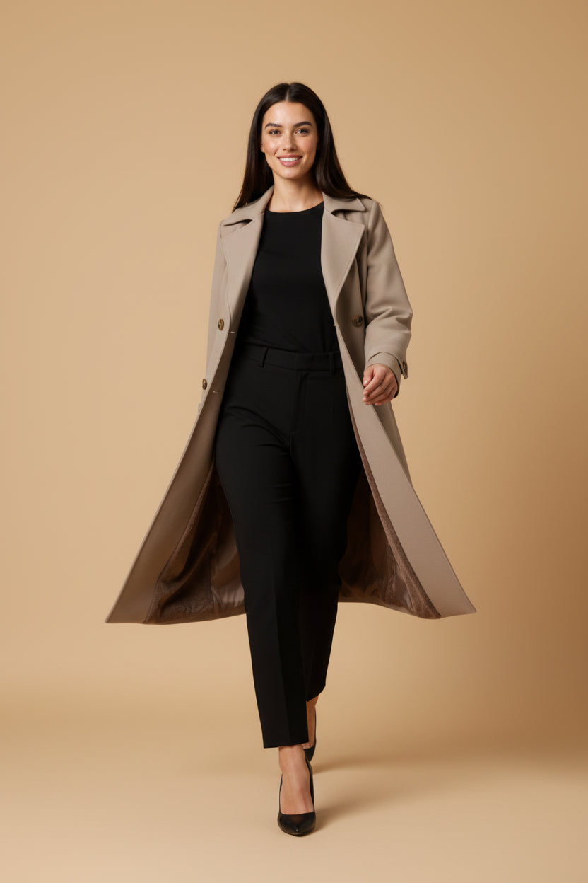 Genevieve | Women's Long Trench Coat, Double Breasted Plush Lined Tailored Overcoat