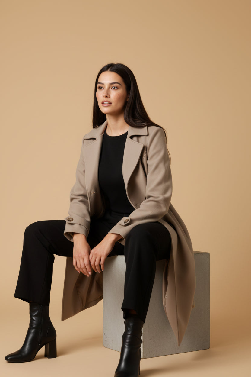 Genevieve | Women's Long Trench Coat, Double Breasted Plush Lined Tailored Overcoat