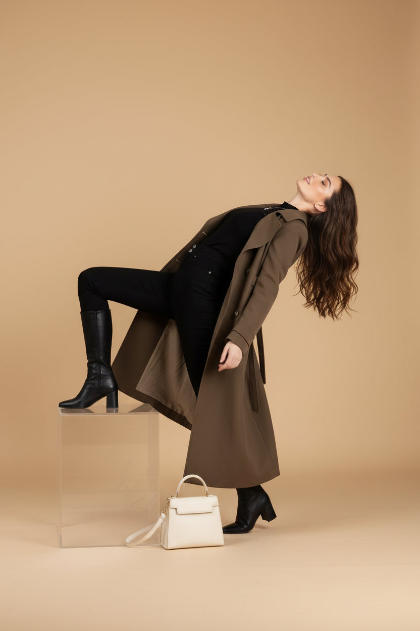 Genevieve | Women's Long Trench Coat, Double Breasted Plush Lined Tailored Overcoat