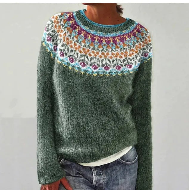 Zinnia | Women's Patterned Knit Sweater, Round-Neck Layering Piece
