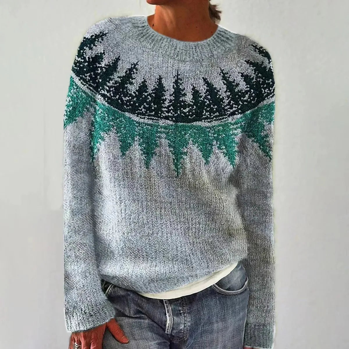 Zinnia | Women's Patterned Knit Sweater, Round-Neck Layering Piece
