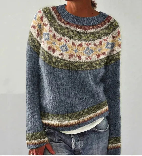 Zinnia | Women's Patterned Knit Sweater, Round-Neck Layering Piece