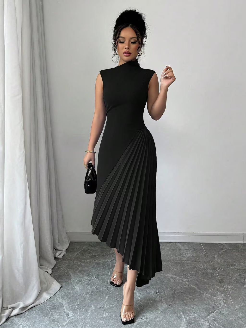 Vivienne | Women's Pleated Midi Dress, Asymmetrical Occasion Piece