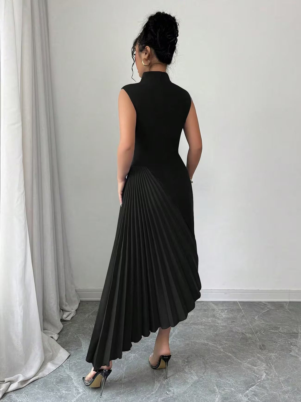 Vivienne | Women's Pleated Midi Dress, Asymmetrical Occasion Piece