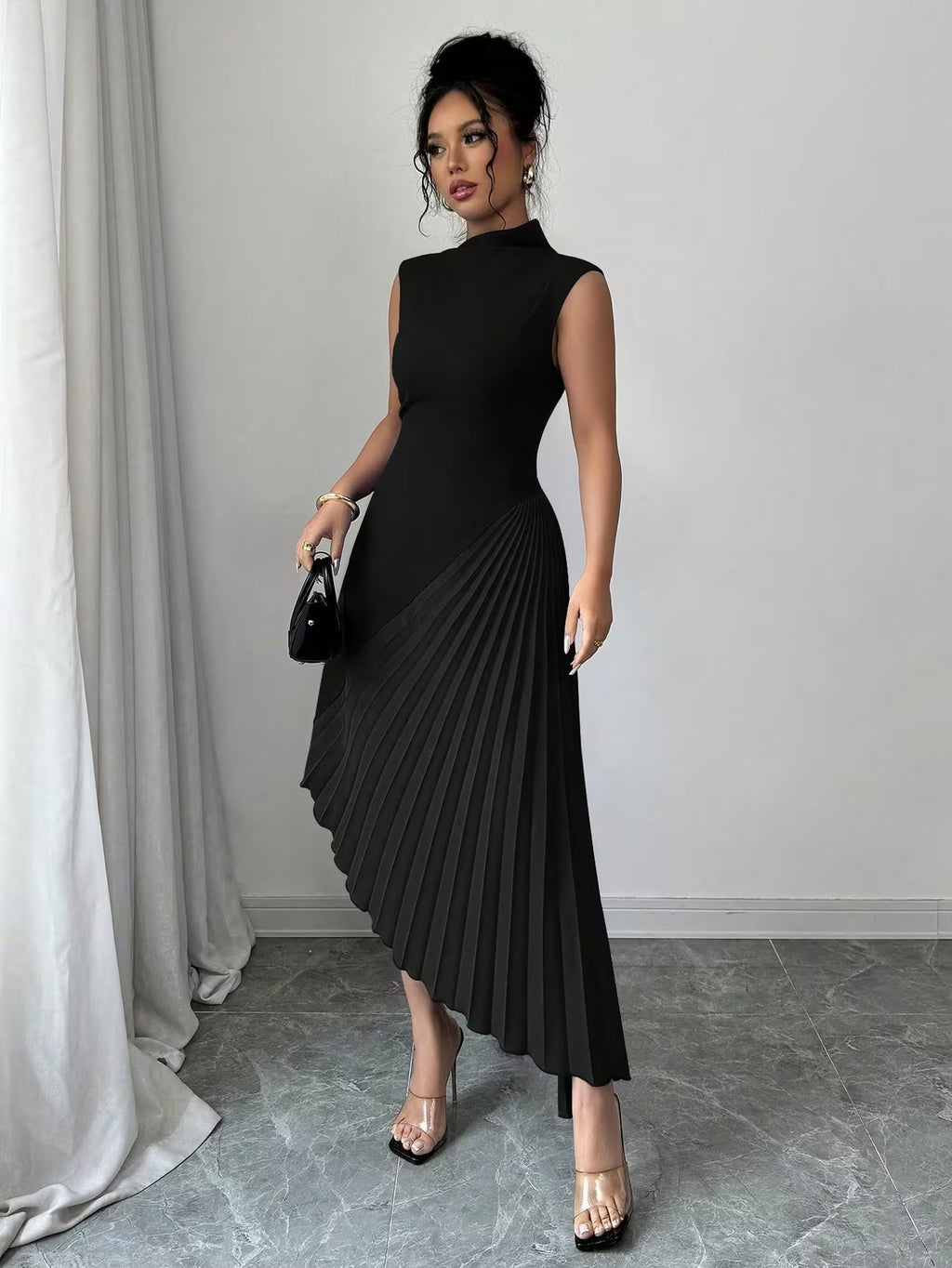 Vivienne | Women's Pleated Midi Dress, Asymmetrical Occasion Piece