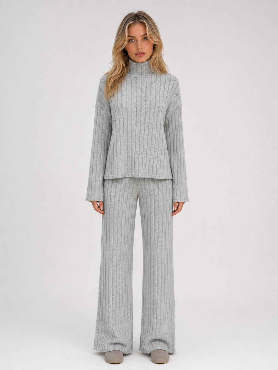 Wren | Women's Ribbed Knitted Lounge Set, Roll Neck Jumper and Wide-Leg Trousers