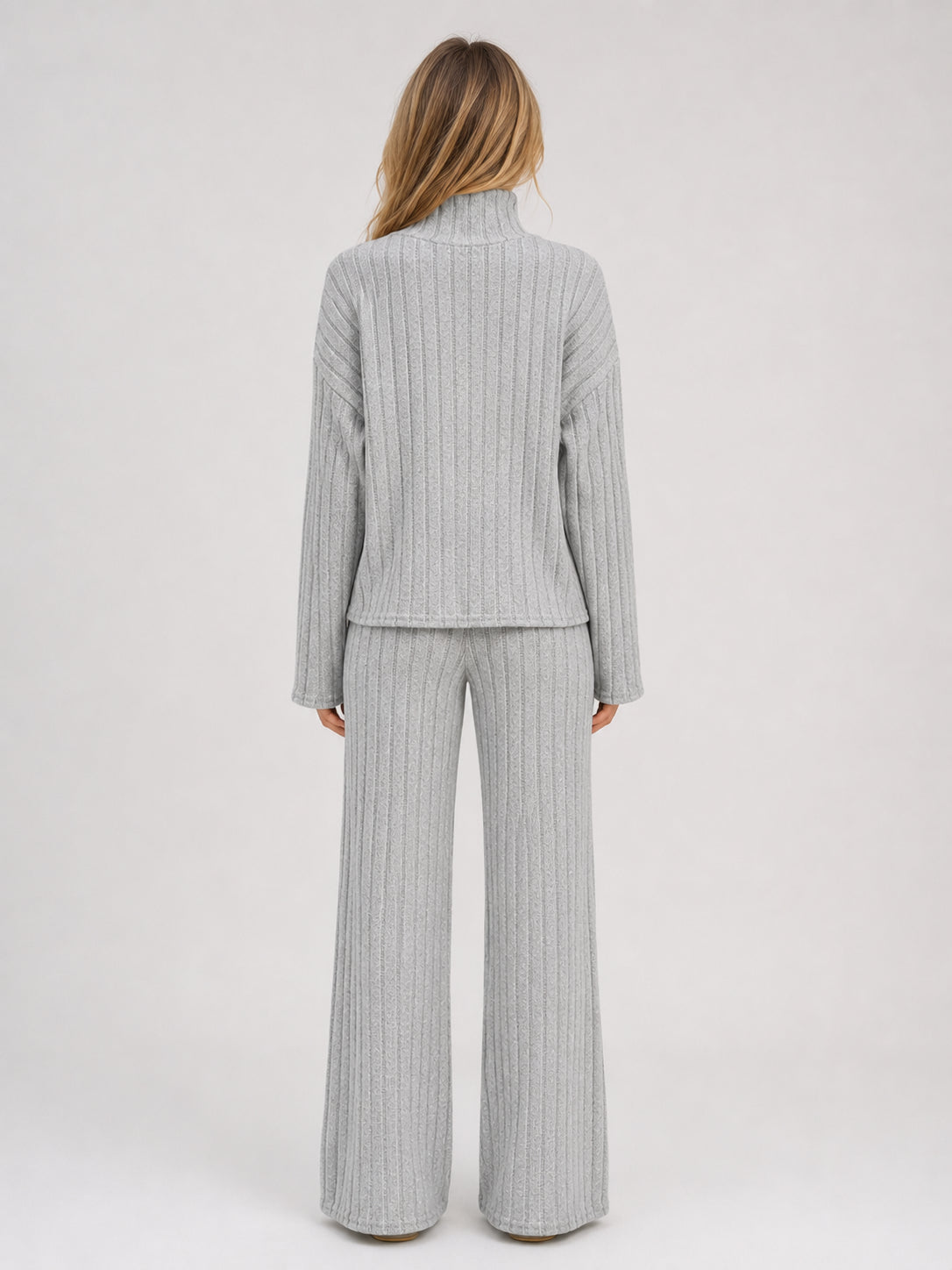 Wren | Women's Ribbed Knitted Lounge Set, Roll Neck Jumper and Wide-Leg Trousers