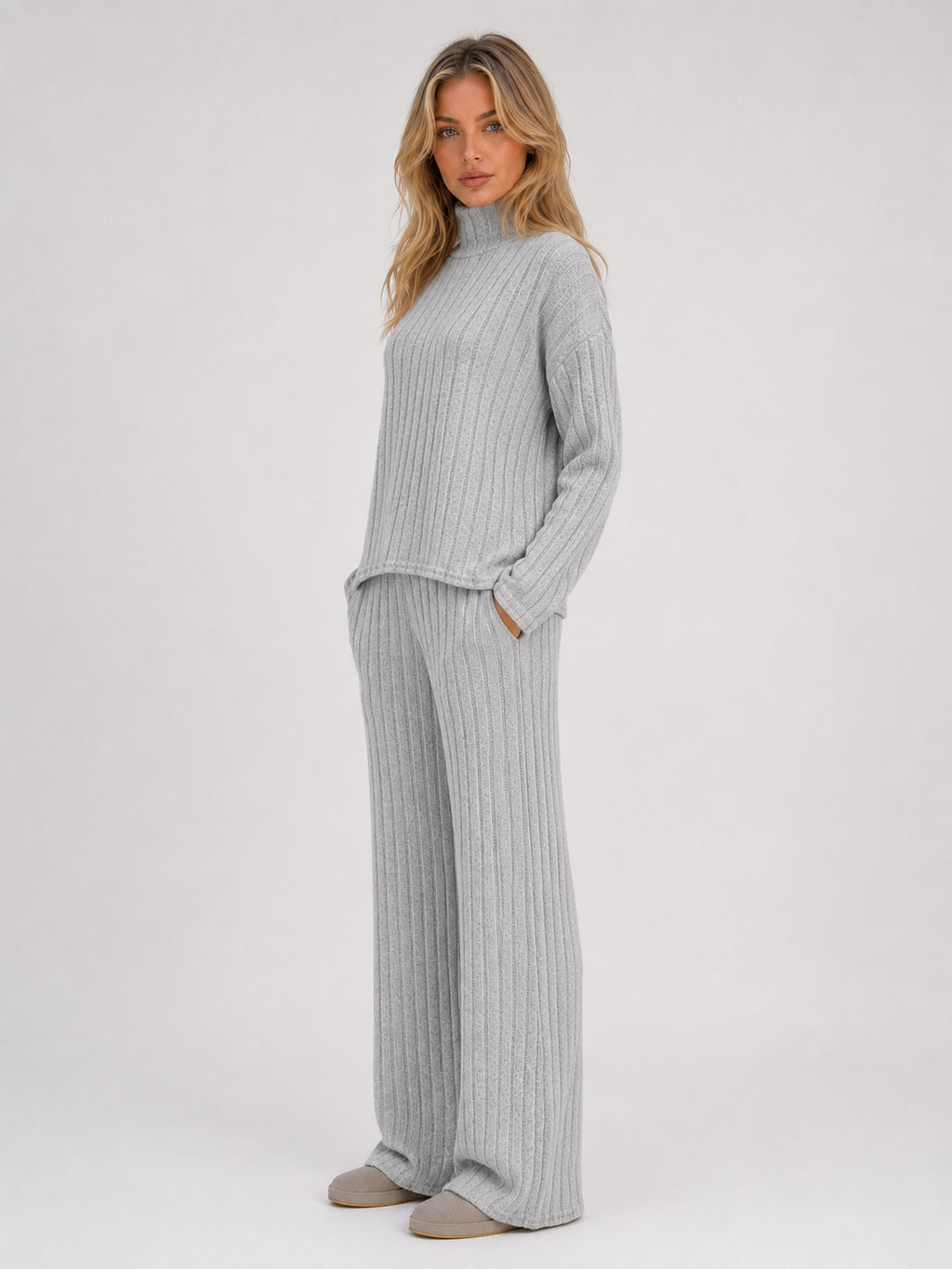 Wren | Women's Ribbed Knitted Lounge Set, Roll Neck Jumper and Wide-Leg Trousers