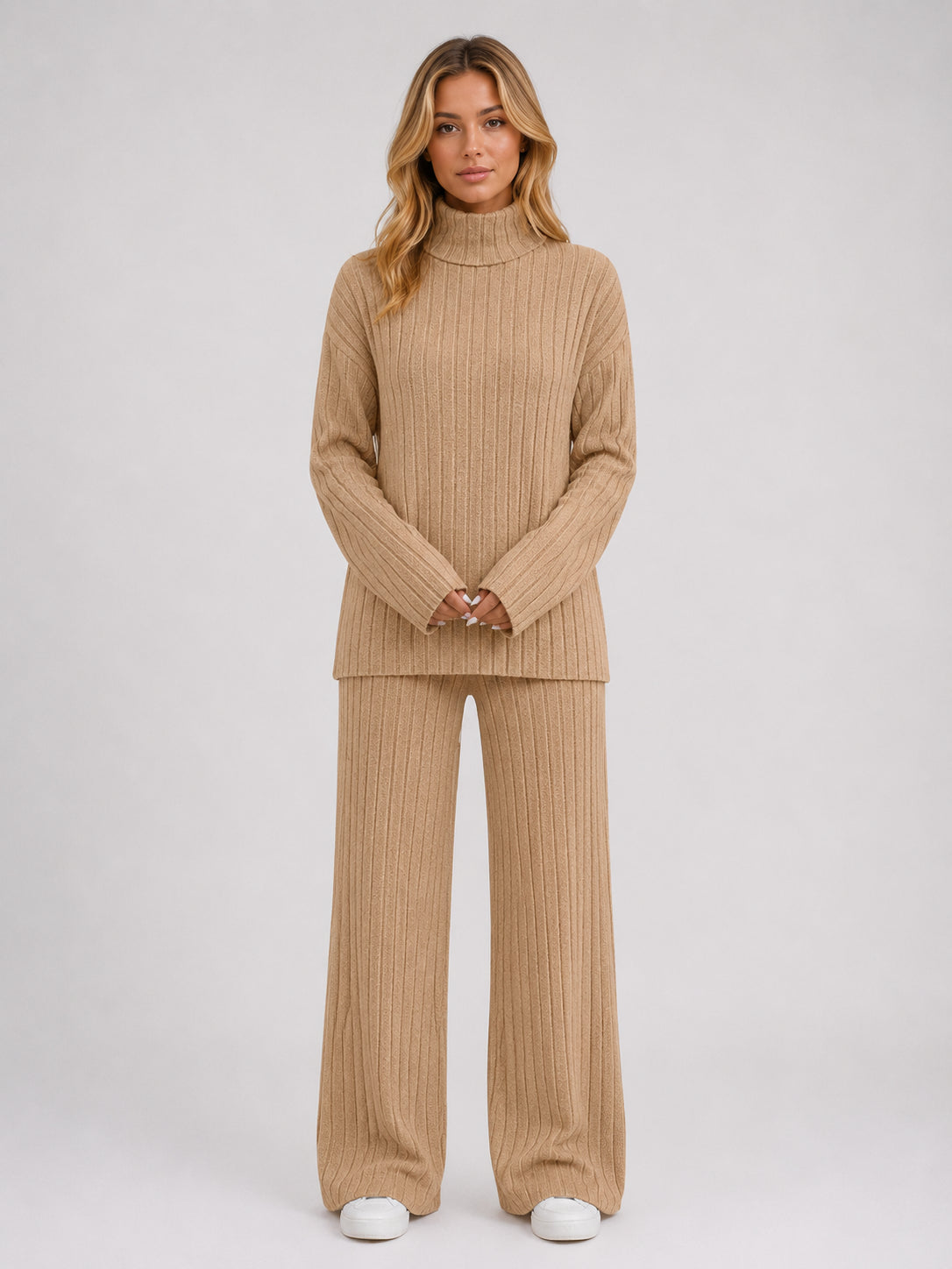 Wren | Women's Ribbed Knitted Lounge Set, Roll Neck Jumper and Wide-Leg Trousers