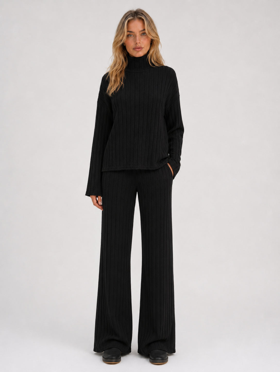 Wren | Women's Ribbed Knitted Lounge Set, Roll Neck Jumper and Wide-Leg Trousers
