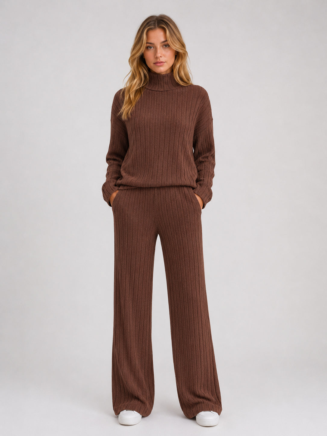 Wren | Women's Ribbed Knitted Lounge Set, Roll Neck Jumper and Wide-Leg Trousers