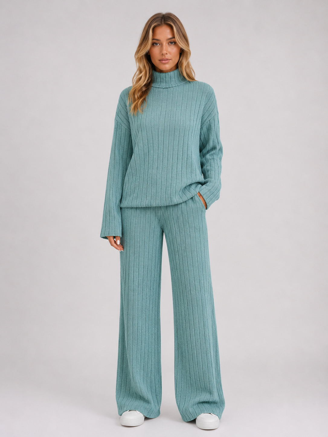 Wren | Women's Ribbed Knitted Lounge Set, Roll Neck Jumper and Wide-Leg Trousers