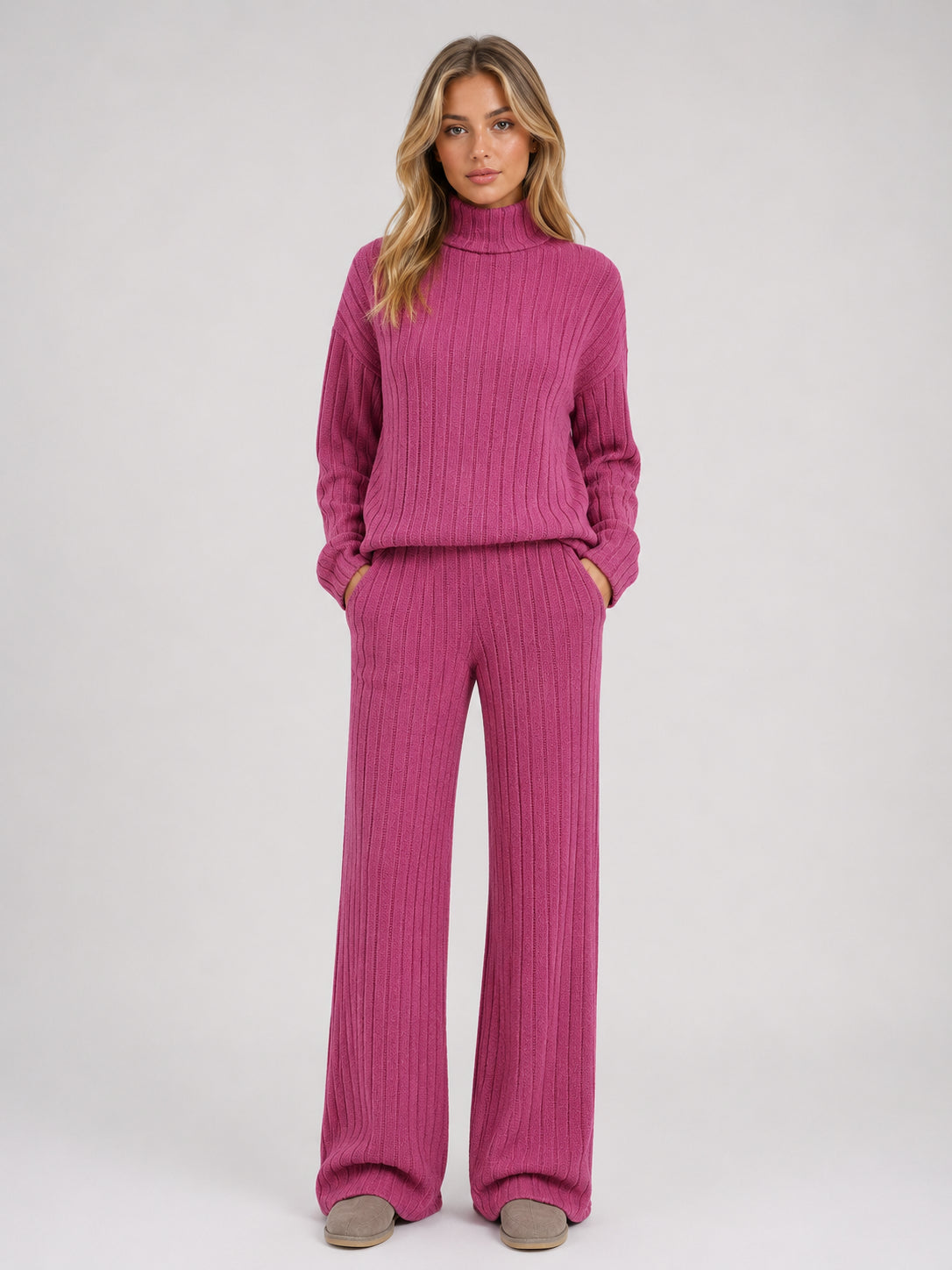 Wren | Women's Ribbed Knitted Lounge Set, Roll Neck Jumper and Wide-Leg Trousers