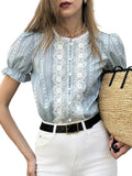 Women's Short Sleeve Blouse with Lace Panels