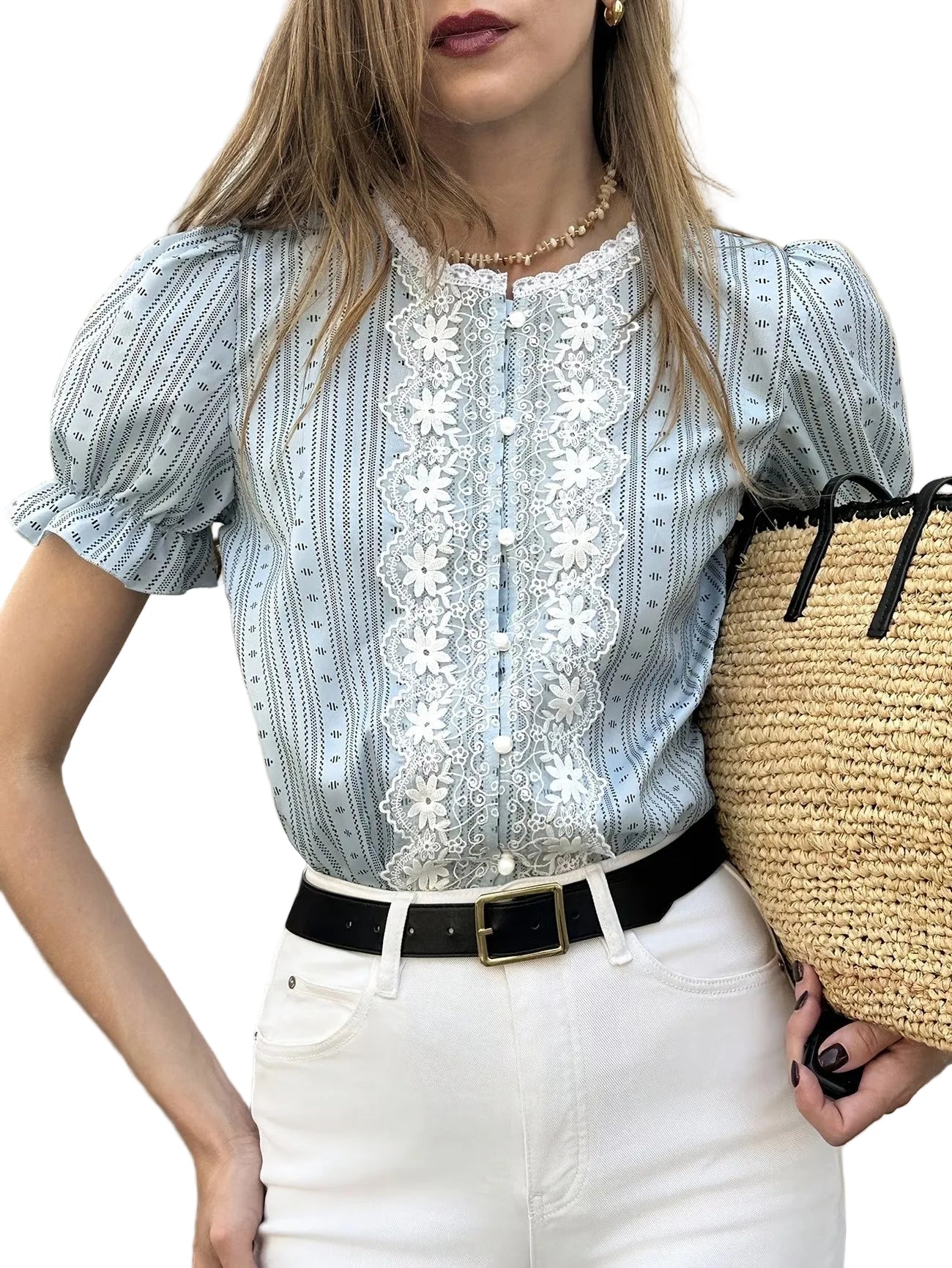 Women's Short Sleeve Blouse with Lace Panels