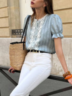 Women's Short Sleeve Blouse with Lace Panels