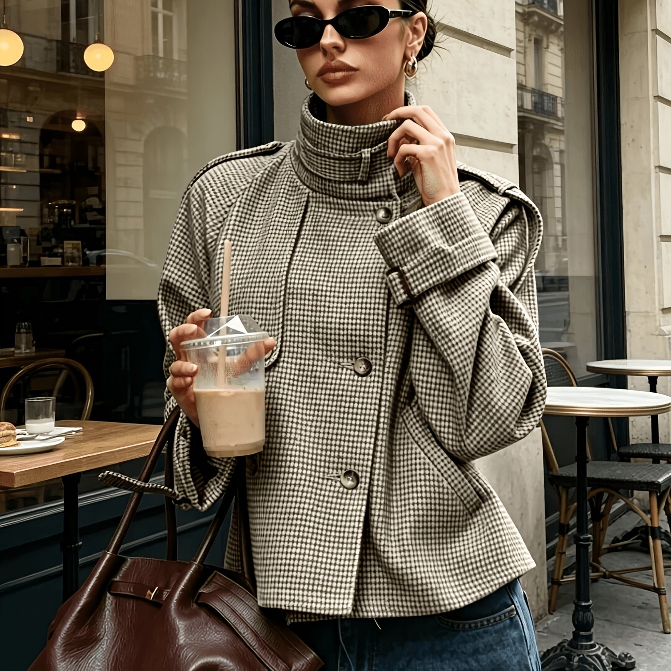 Odile | Women's Stand-Collar Houndstooth Jacket, Cropped Fit